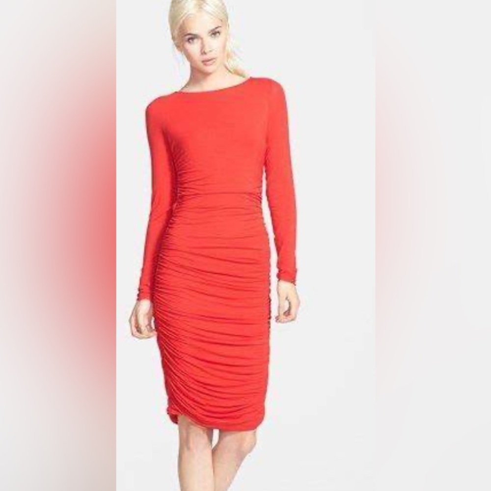 Bailey 44 Red Merengue Ruched Long Sleeve Midi Dress Bodycon Y2K NWT Size M